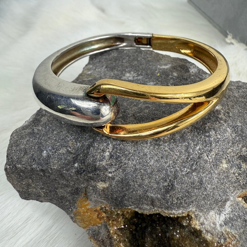 Two Tone Silver Gold Clamp Hinged Bangle Bracelet - Picture 2 of 5